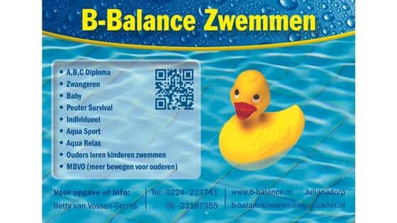 Poster B-Balance Zwemmen met het aanbod en contactgegevens