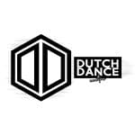 Logo van Dutch Dance in zwart en wit. Dutch Dance staat in witte letters op een rechthoekig zwart vlak. Daarnaast een grafisch ontworpen vorm in zwarte en witte lijen