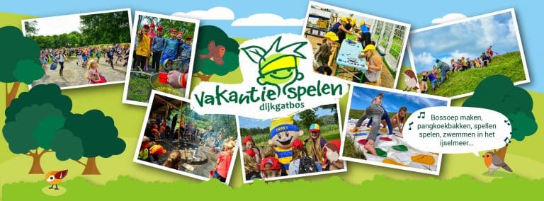 Een poster van de vakantiespelen in het dijkgatbos. Op de poster zijn verschillende foto's te zien van activiteiten en spel Ook staan er muzieknoten met de tekst: Bossoep maken. pangkoekbakken, spellen spelen, zwem in het IJsselmeer.