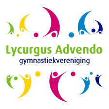 Logo Lycurgus Advendo gymnastiekvereniging. Logo zijn gestyleerde poppeptjes rechtop en op zijn kop.