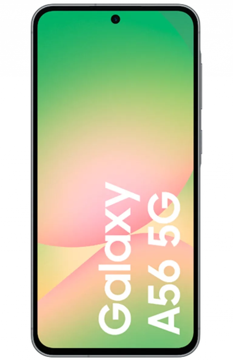 Afbeelding van een Samsung Galaxy A56 5G smartphone met een scherm dat een groene en roze gradient toont. Op het scherm staat 'Galaxy A56 5G' verticaal weergegeven. Inclusief beschermmapje, schermfolie en service voor dataoverdracht.