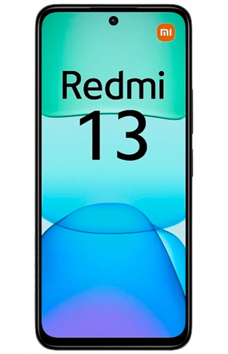 Afbeelding van een Redmi Note 13 smartphone met een centraal geplaatste frontcamera en een kleurrijke achtergrond in groen en blauw. Op het scherm staat 'Redmi 13' en het Xiaomi-logo is zichtbaar in de rechterbovenhoek. Het toestel heeft 256GB opslag en 8GB werkgeheugen.