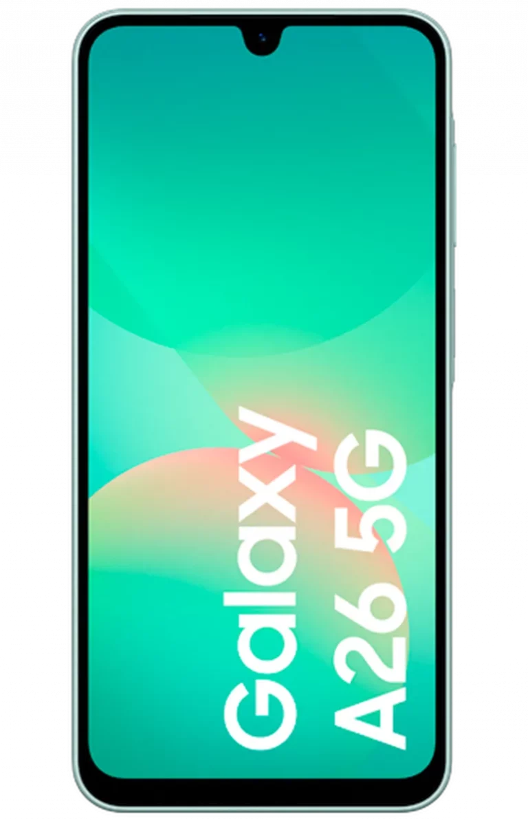 Afbeelding van een Samsung Galaxy A26 5G smartphone met een groen-blauwe gradient op het scherm en de tekst 'Galaxy A26 5G' in witte letters.