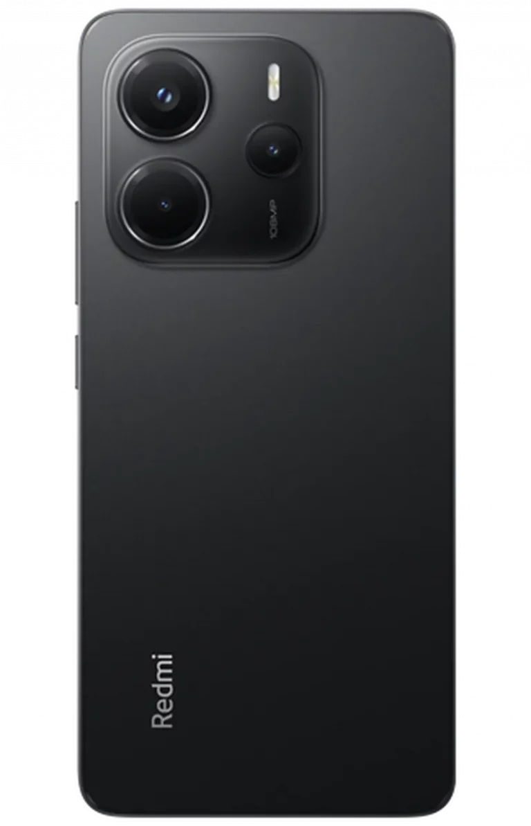 Zwarte smartphone gezien van de achterkant, met drie grote cameralenzen en een flitser in een vierkante cameramodule linksboven. Onderaan staat het merk “Redmi”.