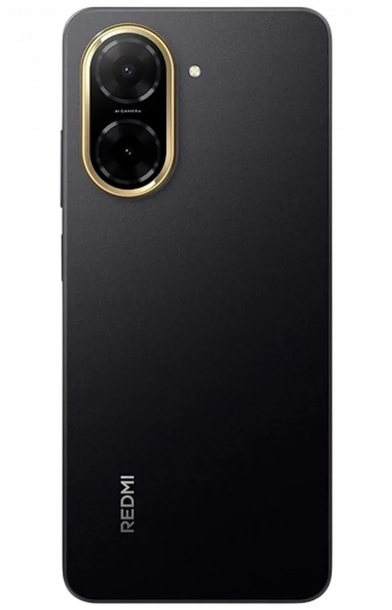 Zwarte smartphone gezien van de achterkant, met twee cameralenzen in een verticale, goudomrande cameramodule linksboven en een kleine flitser ernaast. Onderaan staat het merk “Redmi”.