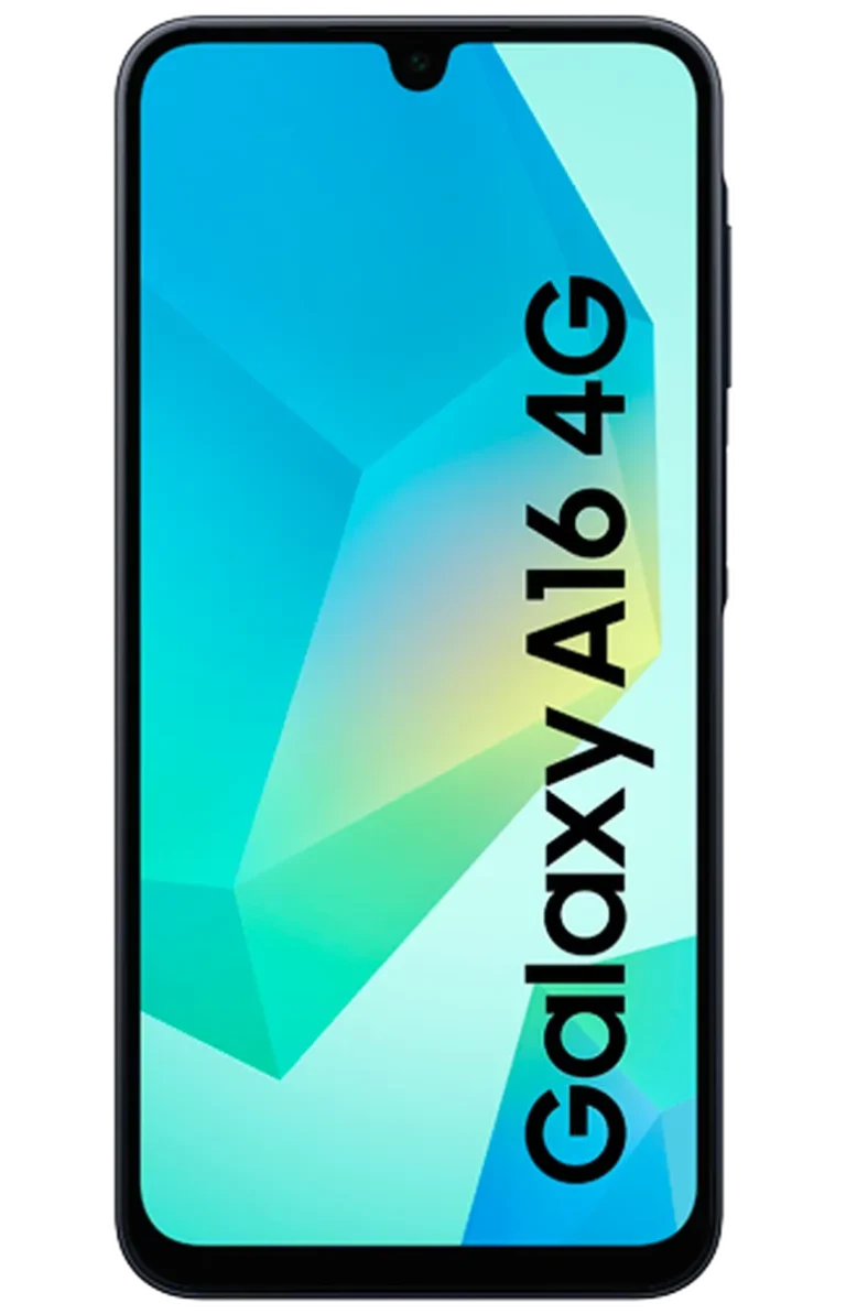 Smartphone (Samsung Galaxy A16 4G) met groot scherm, zwarte rand en kleine inkeping bovenin; op het scherm staat de tekst “Galaxy A16 4G”.