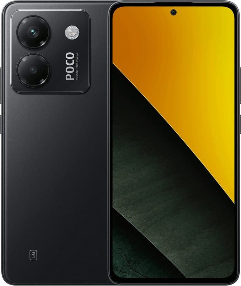 Smartphone met voor- en achterkant zichtbaar; zwart toestel met groot scherm en dubbele camera aan de achterzijde (POCO‑model).