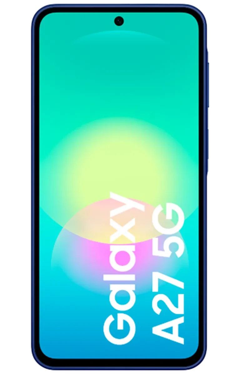 Samsung Galaxy A27 5G smartphone met een blauwgroen scherm en de productnaam Galaxy A27 5G in beeld.