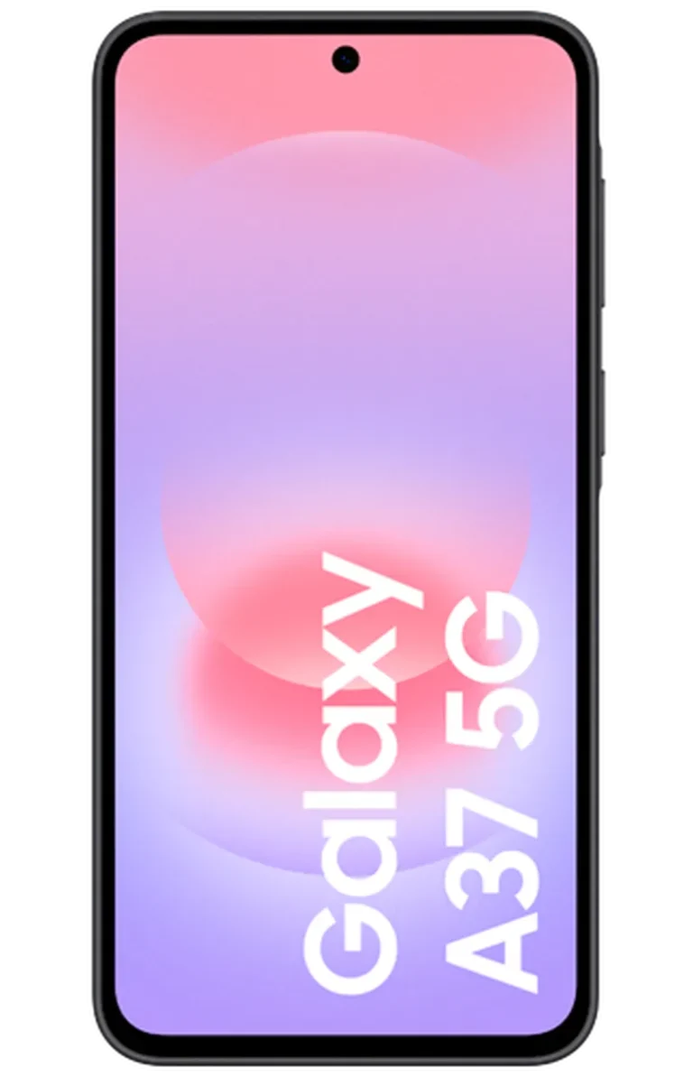 Samsung Galaxy A37 5G smartphone met een roze-paars scherm en de productnaam Galaxy A37 5G in beeld.