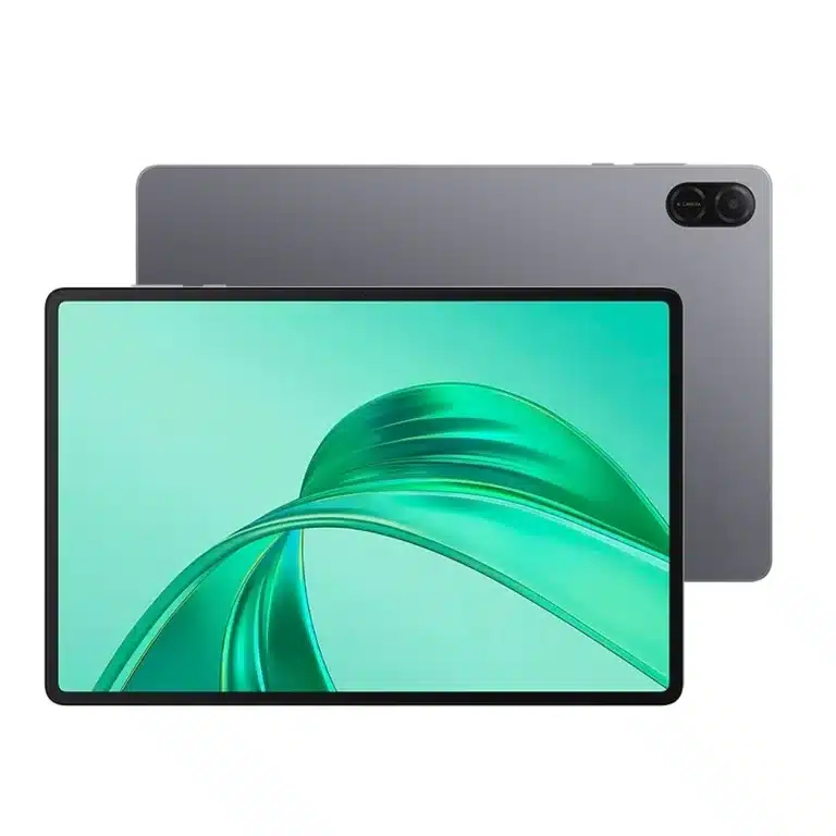 Honor-tablet in grijze uitvoering, afgebeeld van voren en van achteren. Op het scherm staat een groene abstracte afbeelding.